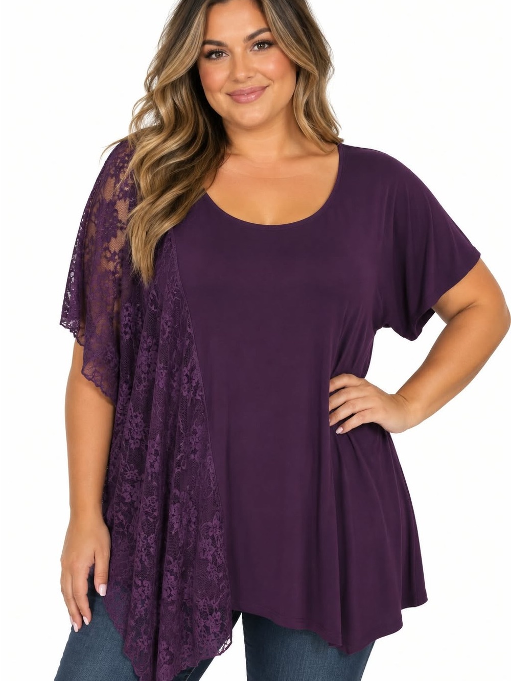 Kate & Mallory Plus Size Purple Lace-Accent Scoop Neck Tunic